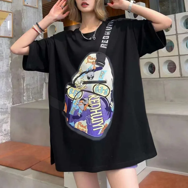 

European Messenger Bag Print Cotton T-shirt Men Fashion Zipper Pocket Box Casual Hip Hop Women Printing Pocket Loose Couple Tops