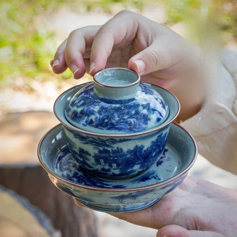 Ceramic Covered Bowl Chinese Style Tea Bowl Ice Cracked Glaze Pattern Tea Set Accessories Kitchen Bar Supplies Household Set