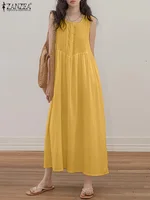 ZANZEA 2024 Summer Holiday Long Dress Solid Sleeveless Pleated Vestidos Korean Fashion Loose Sundress Casual Beach Tank Dresses - Image 4