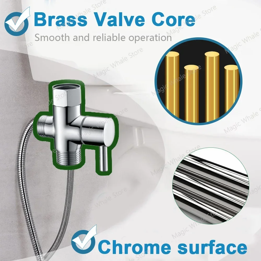 Bidet Chrome T Adapter with Shut-off Valve T Adapter 3-way 7/8" 1/2"3/4" Valve for Handheld Toilet Bidet Spray