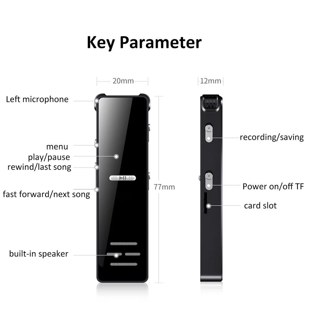 Digital Voice Recorder Professional Dictaphone Voice Activated Long Distance Recording MP3 Player Noise Reduction WAV Record