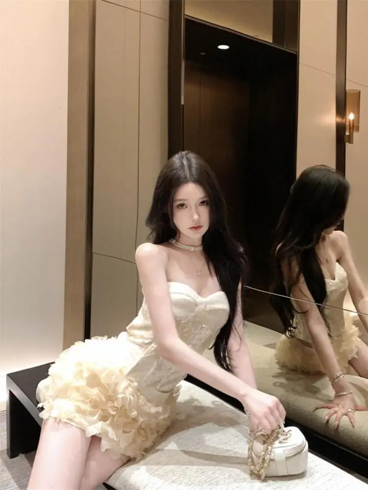 French Summer Woman Beige Pink Sequin Sexy Off Shoulder Elegant Strapless Tops And High Waist Pleated Short Skirt Two Piece Sets 4