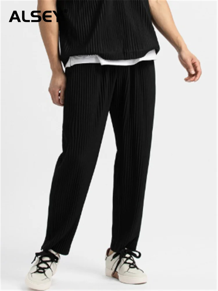

ALSEY 2023 Spring Summer New Men's Casual Pants Miyake Fold Fashion Plus Size Japanese Pleated Cropped Trousers Clothing