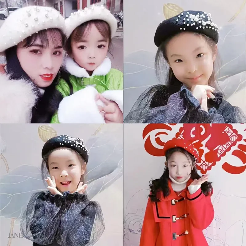 성인 및 어린이용 진주 크리스탈 베레모 모자, 여성용 캐시미어 모자, 겨울 레트로 프렌치 블랙 레드 아티스트 플랫 레드 레이디 빈티지 모자