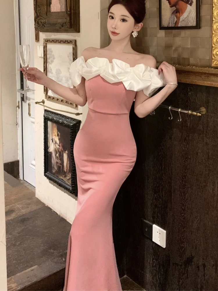 Sexy Bodycon Off Shoulder Party Dress Women New Slim Waist Patchwork Elegant Lady Fashion Prom Robe Long Vestidos Mujers