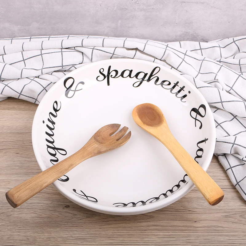 Unique 12.6 Inches Large Ceramic Plate Salad Soup Plate with Letter Pattern Design Includes Premium Acacia Wood Fork and Spoon