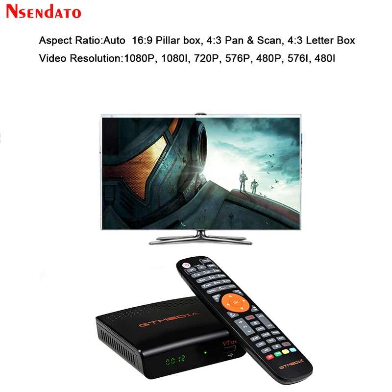 GT Media V7PLUS HD FTA Receptor satelital Free to Air DVB-S2 / T2  Decodificador de satélite de TV Digital Galaxy 19 Integrado con Antena WiFi  USB Full