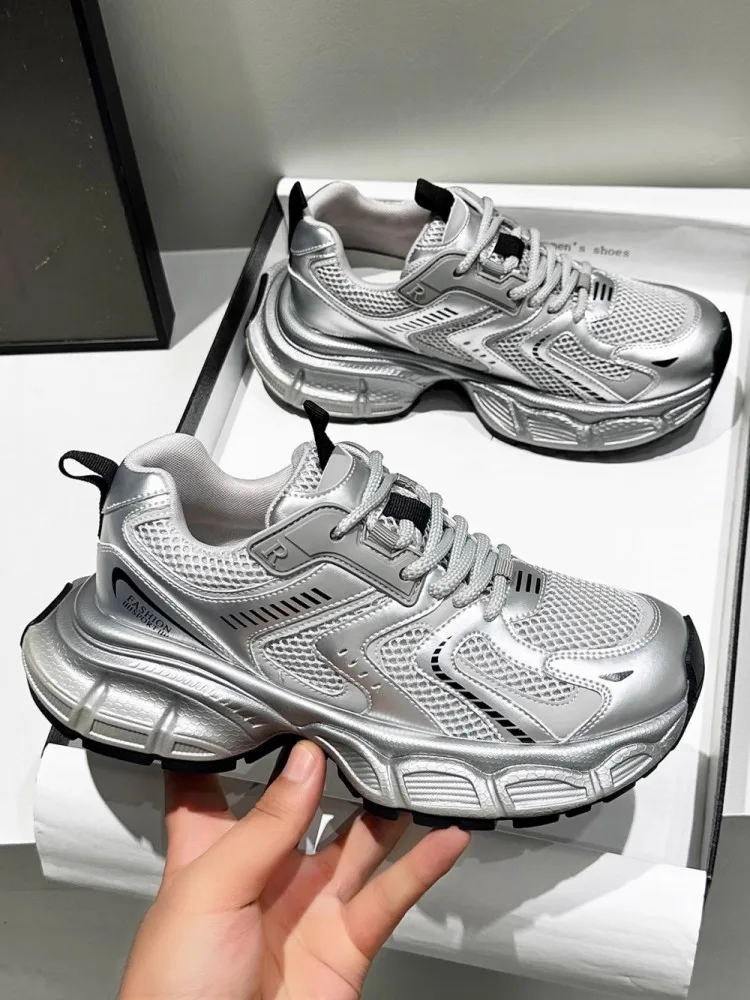 Summer Ladies Leisure Silvery Mesh Breathable Thick Soled Lace Up Jogging Sports Shoes Running Shoes Fitness Trainers Sneakers