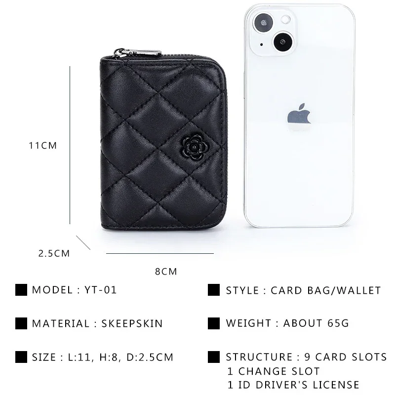 Women Business Card Holder Soft Sheepskin Credit Card Case Zipper Change Pocket Flowers Diamond Money Bag 9 Slots Card Wallet
