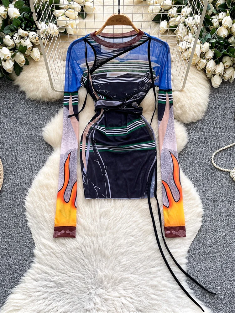 SINGREINY Multicolor Print Mesh Dress Sheer Long Sleeve Lace Up Slim Night Party Short Dresses Women Clubwear Bodycon Mini Dress 1