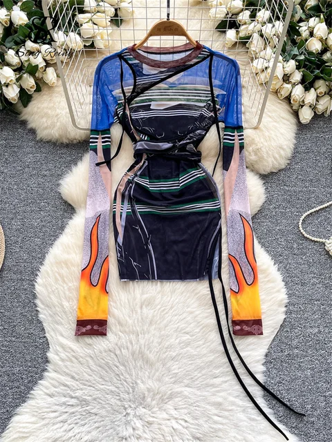 SINGREINY Multicolor Print Mesh Dress Sheer Long Sleeve Lace Up Slim Night Party Short Dresses Women Clubwear Bodycon Mini Dress 1