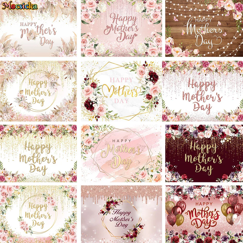 

Mocsicka Mother's Day Mom Birthday Party Decoration Backdrop Banner Flower Balloon Studio Background Glitter Photo Dessert Booth