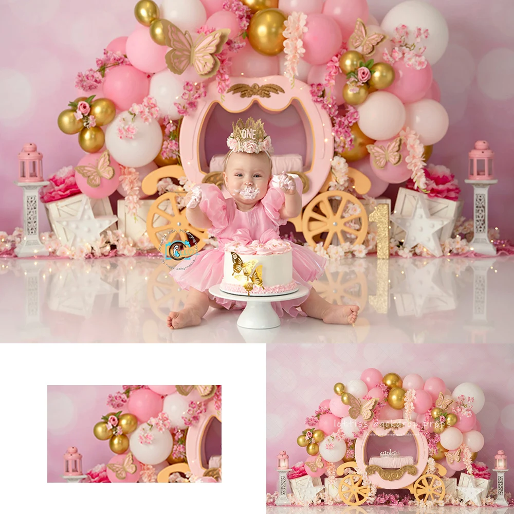 Wonderland Flowers Butterfly Balloons Backdrop For Girl 1st One Year Old First Birthday Cake Smash Decor Backdrop Photo Studio Photography Background | IE