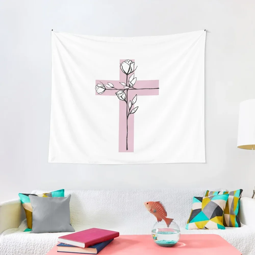 

Pink Christian Cross Floral Tapestry Aesthetic Room Decor Korean Bedrooms Decorations Wallpapers Home Decor Tapestry