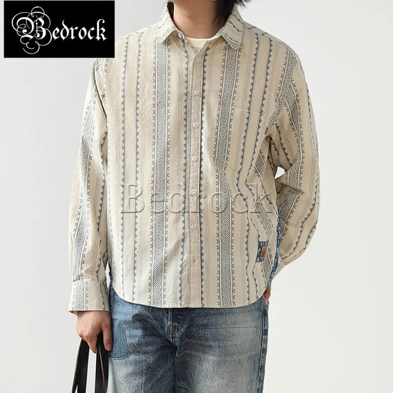 MBBCAR Mens Striped Shirt Men Long Sleeve Printed Patch Design Apricot Corduroy Casual Shirt Navajo Vintage Paisley Shirts 9361