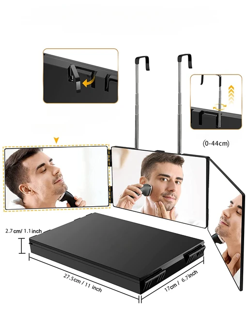 S Miroir de maquillage de vanité à trois volets portable 360 de voyage avec crochet télescopique réglable en hauteur pour miroir pliable auto-coupe de cheveux 4