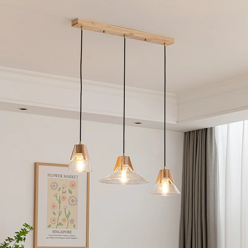 

Modern Wood Pendant Light Loft Glass E27 Base Hanging Light Ceiling Chandelier Home Lighting Hanging Lamp Bedroom Dining Room