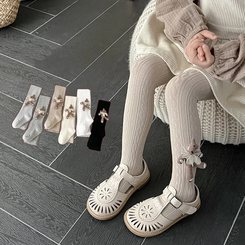 Spring Autumn Baby Girls School Student Uniform Pantyhose Pants Leggings Tights Bear Kids Children Stretch Knitting Trousers kids pantyhose