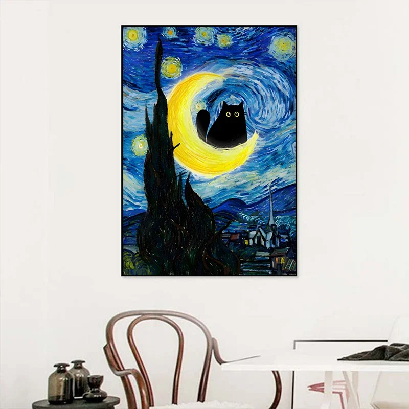 Starry Night Cat-Inspired Canvas Print: Humorous Wall Art Decor