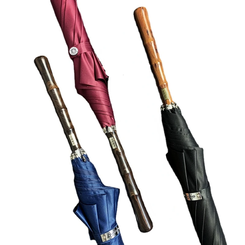 Umbrella Long Handle Straight Umbrella Car Automatic Men's Large Double Business Rain S Retro Wooden Handle