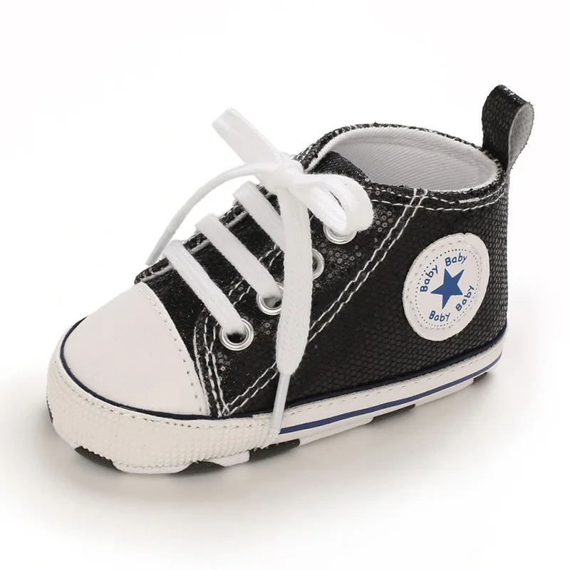 Yibubu Black Baby Shoes Bling Canvas Infant Baby Girls Shoes Lace-up Sneaker Soft Sole Anti-slip Toddler First Walkers 6