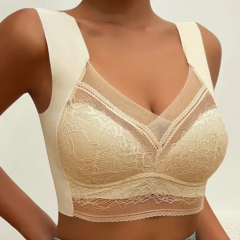 

L-5XL Contrast Lace Wireless Bras For Womens Lingerie Top Female Lace Bra Underwire Plus Size Brassiere Perspective Sexy Bras