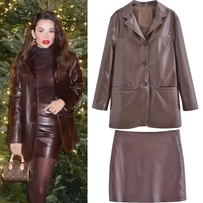 

TRAF Woman Faux Leather Blazers Fall Y2K Lapel Long Sleeve Straight Jackets England Style Windbreakers Tops +A-Line Mini Skirts