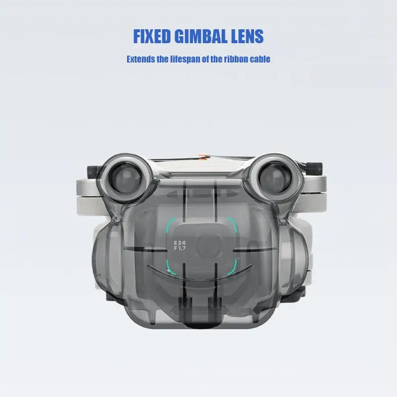 Housse en silicone gris clair protégeant l'objectif du DJI Mini 3 Pro, vue de face avec détails de fabrication.