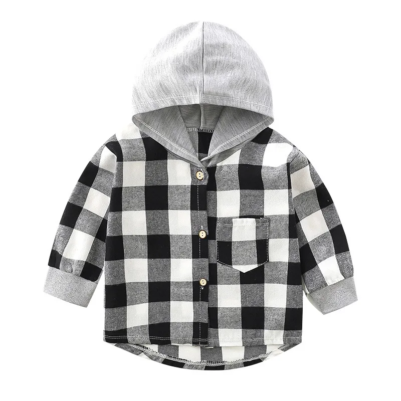 Children Shirts Girls and Boys Hooded Shirts Kids Combed Cotton Plaid Tops Spring and Autumn Long-Sleeved V-Neck Casual Coat