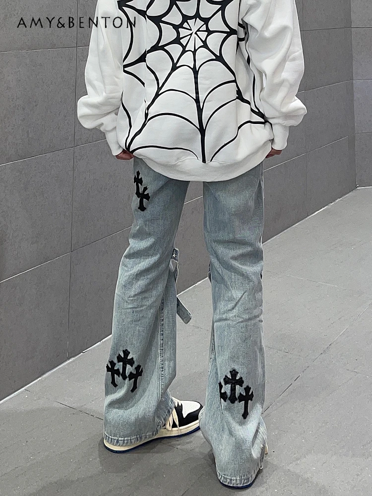 

American Style High Street Hip Hop Cross Patchwork Jeans Men Women Couple Punk Straight Loose Denim Wide Leg Pants High Street