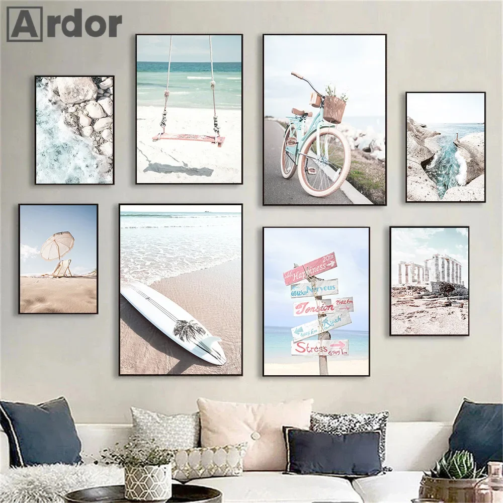 Sea Landscape Posters Beach Surfboard Print Canvas Painting Swing Art Prints Bike Wall Art Nordic Wall Pictures Bedroom Decor