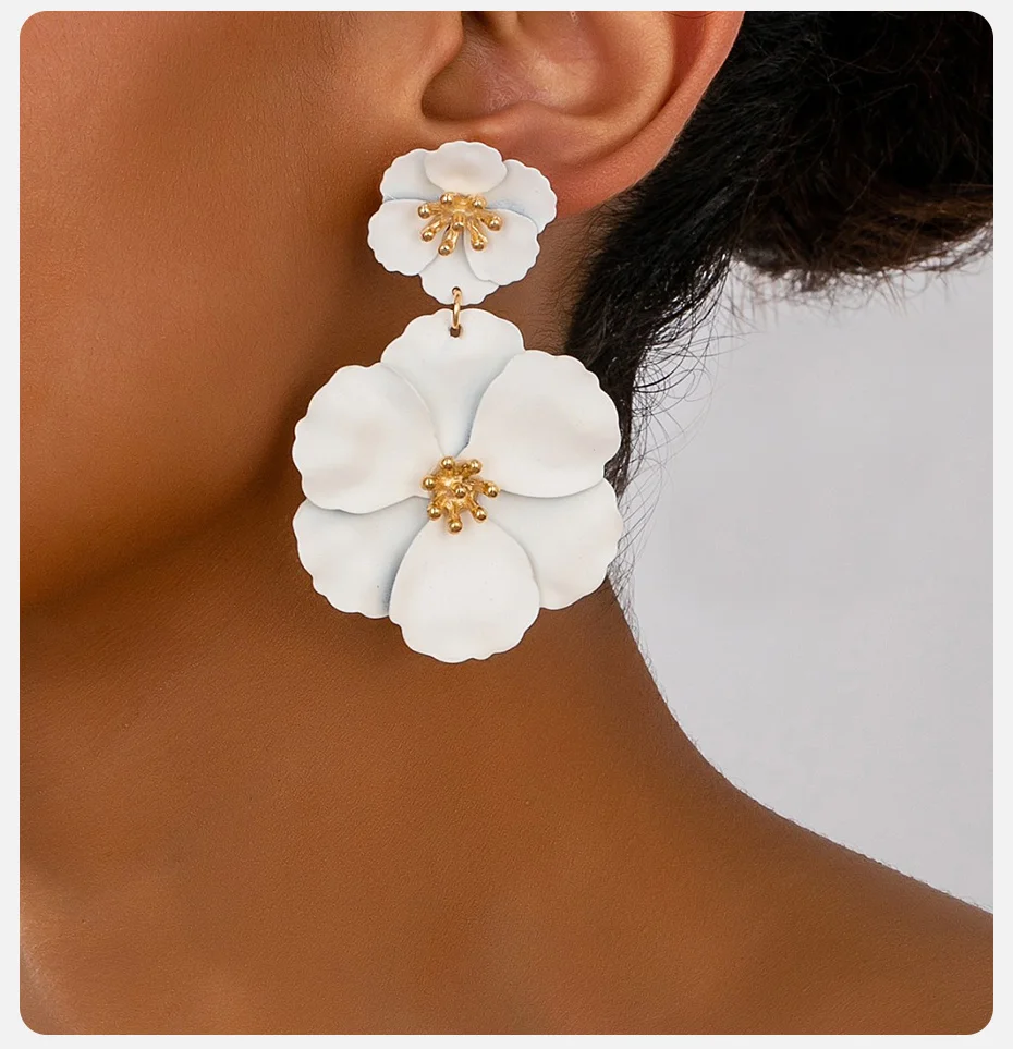 Vnox Neue Trendige Sprühlackierte Bunte Blumen-Ohrringe Exquisite Niedliche Doppelschichtige Blumen-Charm-Ohrhänger Geschenk – Detail 3