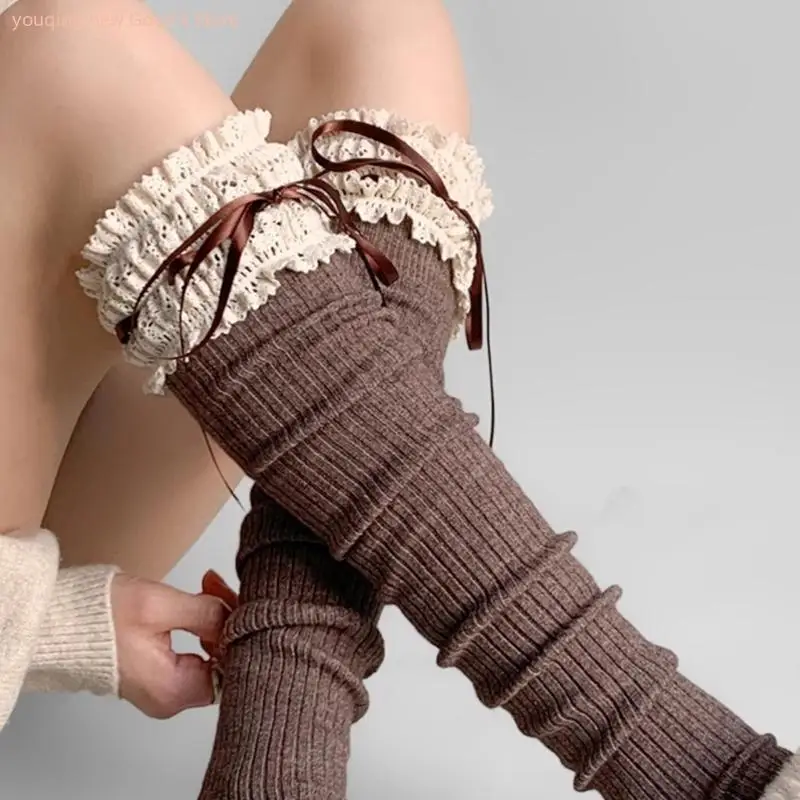Chaussettes hautes élégantes pour femmes, garniture en dentelle à volants, avec nœud papillon, bas chauds en coton au-dessus du genou pour robes et shorts - AliExpress