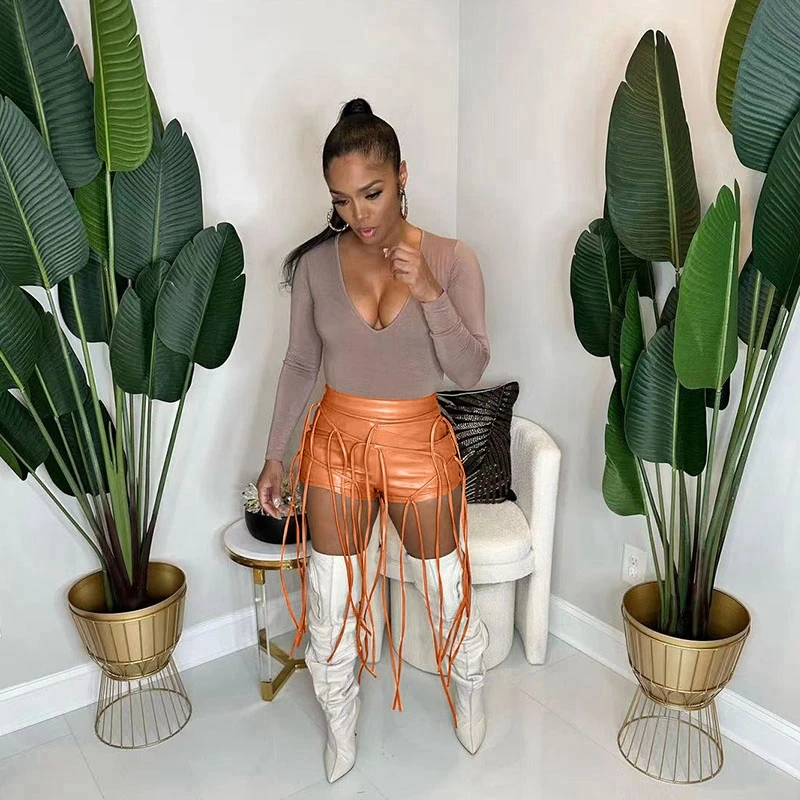 Faux Pu Leather Tassel Shorts Women 2023 Summer High Waist Pockets Zipper Sexy Skinny Booty Pants Y2K Club Outfits Femme Robe