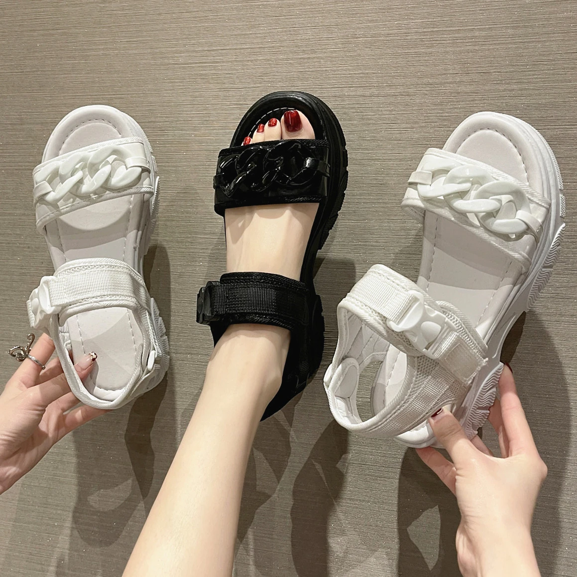 Sandalias de gruesa con cadena zapatillas de punta abierta para ocio al aire libre, bonitas, de marca| | - AliExpress