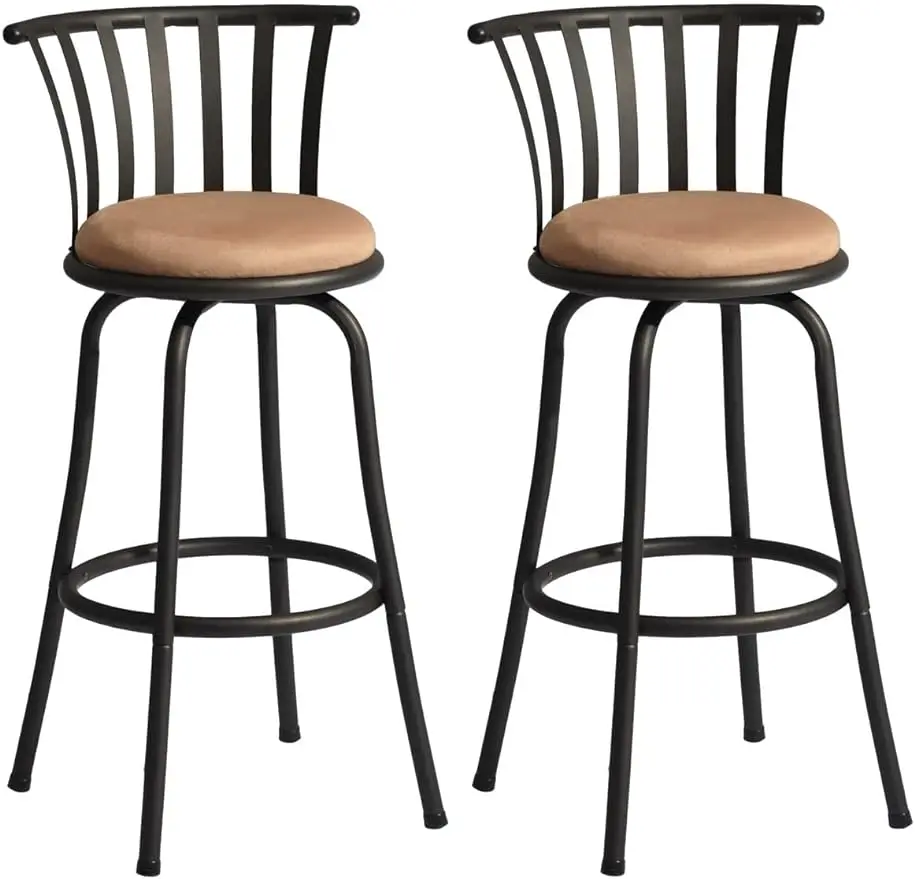 

Set of 2 Industrial Counter Bar Stools Swivel Brown Fabric Barstools with Metal Back