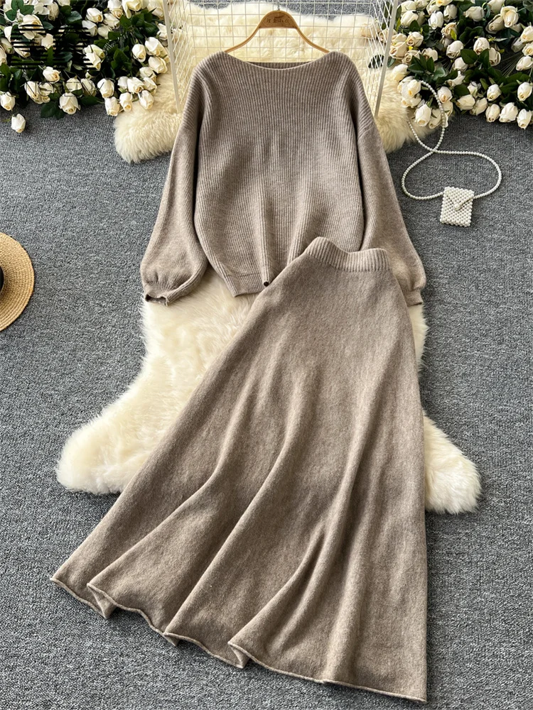 Women Two Piece Sets 2pcs Suits Women Autumn Winter Loose Sweater+Elastic Waist Skirt Ladies Basics Knitting Two Pieces Sets