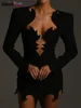 Weird Puss Flame Low-Neck Dress Women Mesh Patchwork Chic Hem Full Sleeve Hipster Elegant Banquet Party Clubwear Mini Bodycon 3