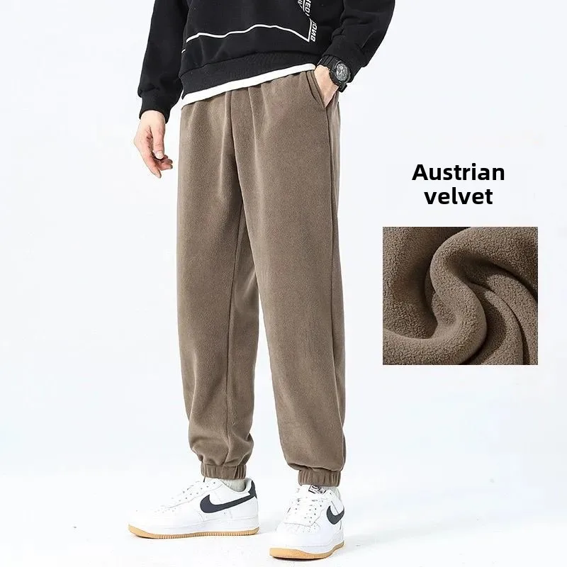 Men's Double-Sided Fleece Lined Thickened Winter Sports Casual Long Pants Elastic Waist Sweatpants Pure Color Skateboarding