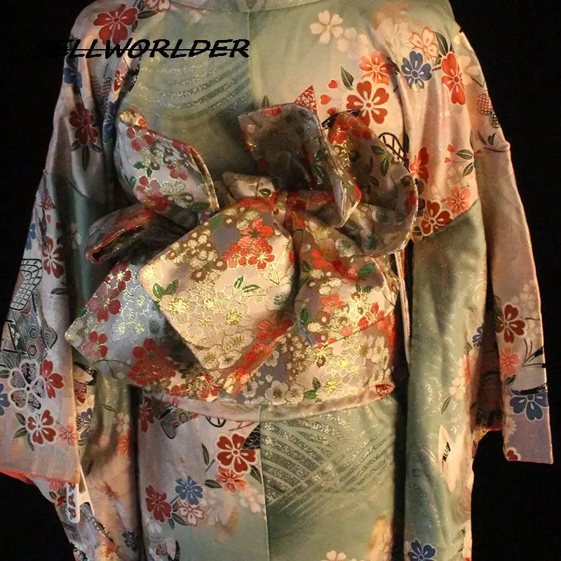 

Original Japanese style Kimono Accessories Brocade Bow belt Golden floral print Waist Belt