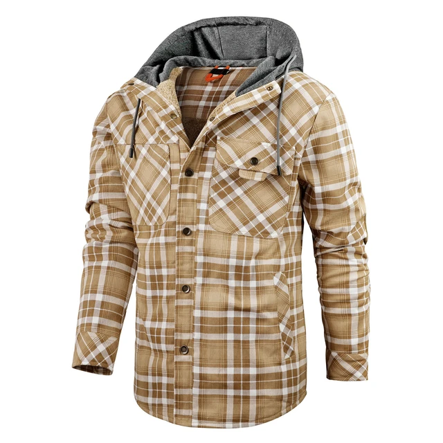 Chaqueta de tela escocesa para hombre, ropa de trabajo informal, gruesa y  cálida, con capucha, acolchada,