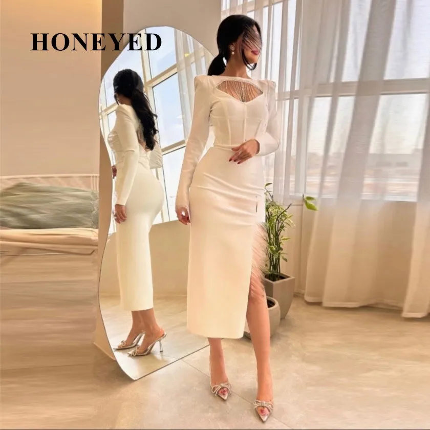

Honeyed 2023 New Tassel Prom Dresses White Mermaid Long Sleeves Side Slit Saudi Arabia Formal Occasion Vestidos De Graduación