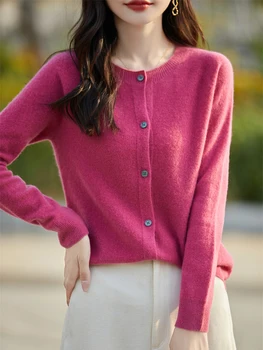 Fashion Basic Women Merino Wool Sweater Cashmere Cardigan O-Neck Knitwear Slim Solid Collar Clothing Tops