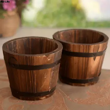 Wooden Small Barrel Primaries Flower Pot Home Decoration Retro Wooden Bucket Round Barrel Planter Flower Pots