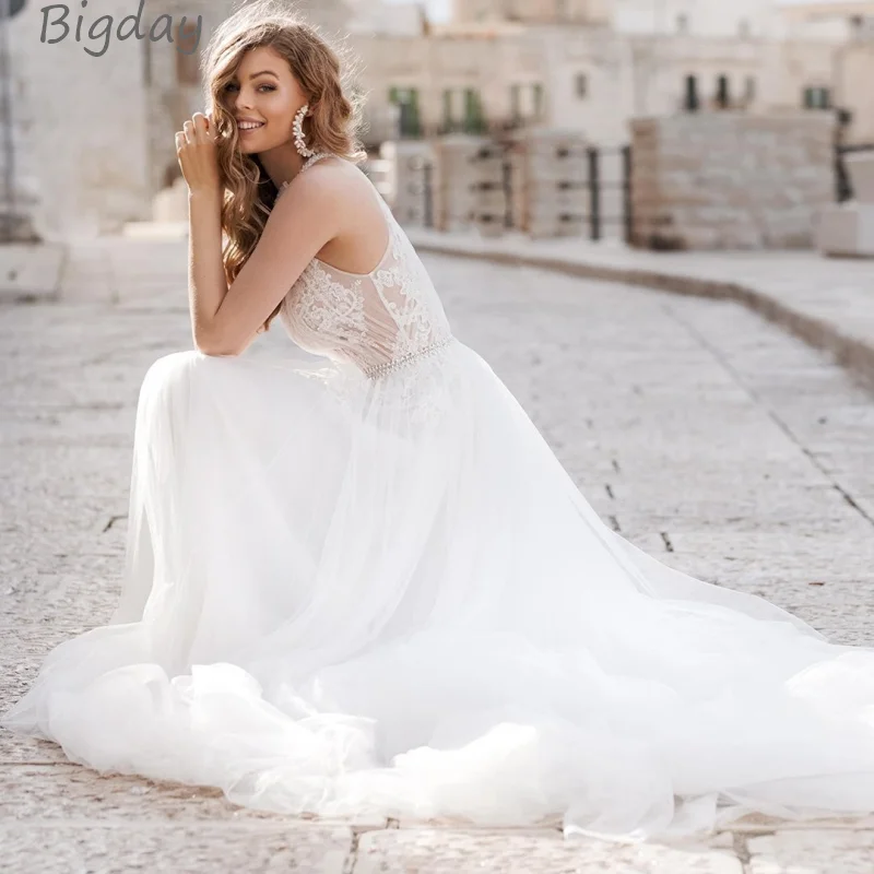 Elegant A-Line Wedding Dress For Women 2025 Halter Lace Applique Sleevless Bridal Gown Train Tulle Vestidos De Novia Customized 3