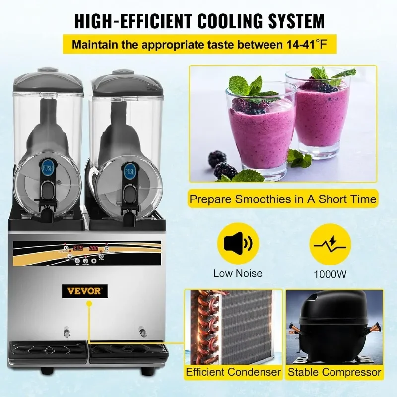 VEVOR Commercial Slushy Machine, 15Lx2 Tank Margarita Maker, 1000W Stainless Steel Smoothie Frozen Drink Maker 5