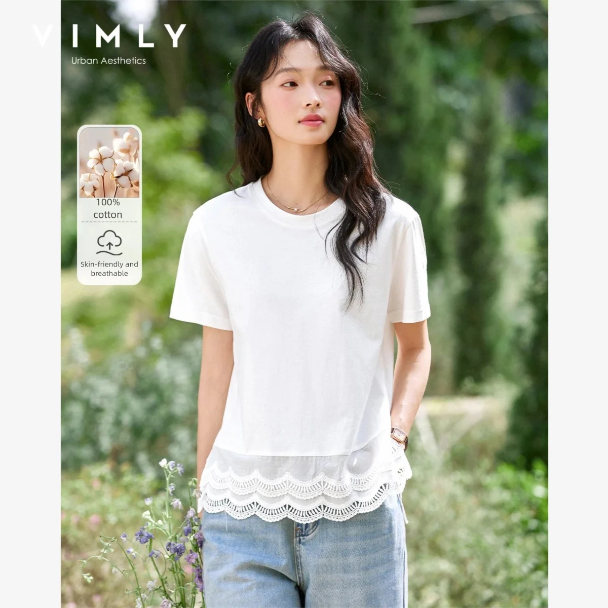 VIMLY Women Summer White Tops 2026 100% Cotton Short Sleeve T-shirt Double-layer Lace T Shirt Woman Female Tee Shirt A1529