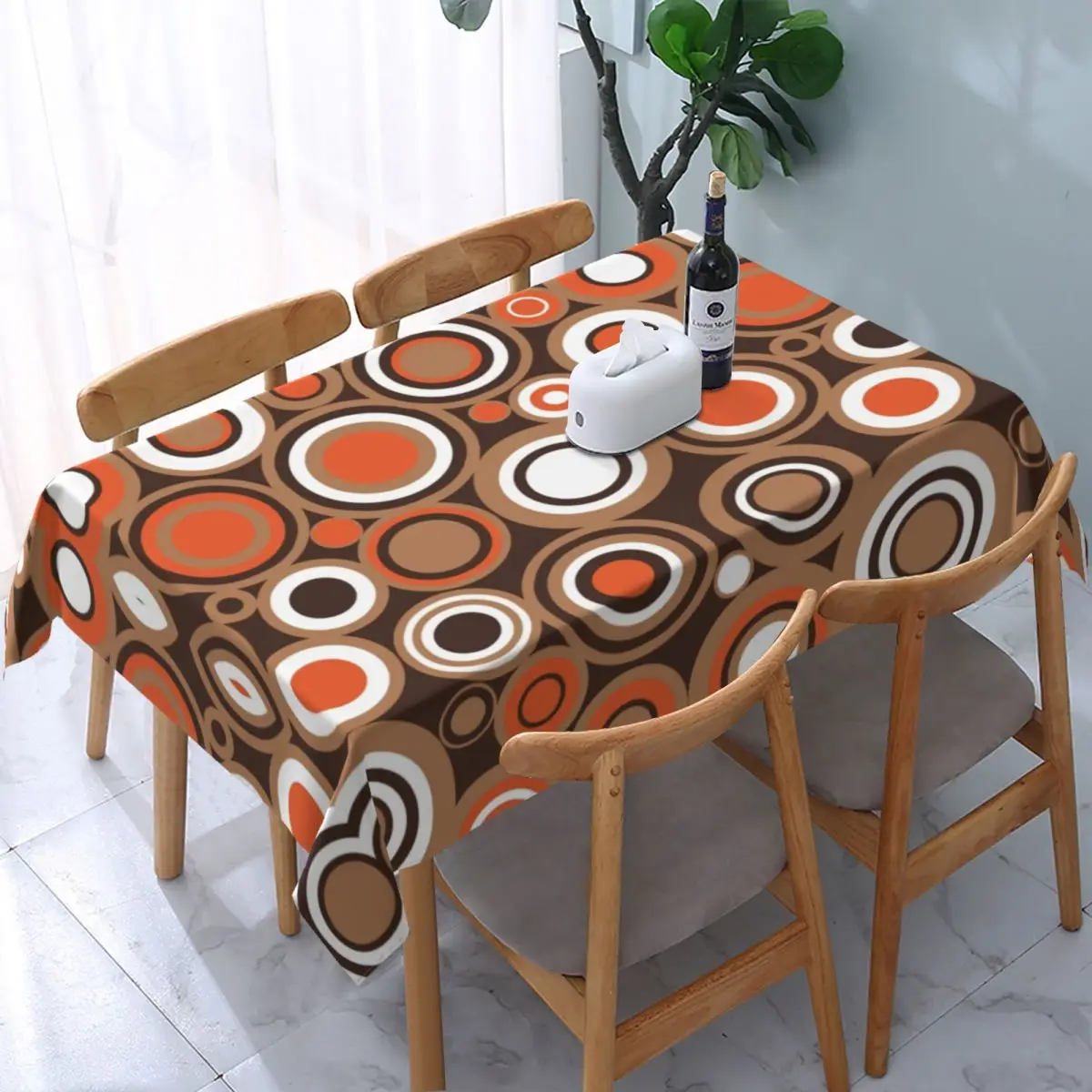 

Rectangular OrangeWhite And Brown Circle Retro Pattern Table Cover Geometric Table Cloth Backed Edge Tablecloth for Dining