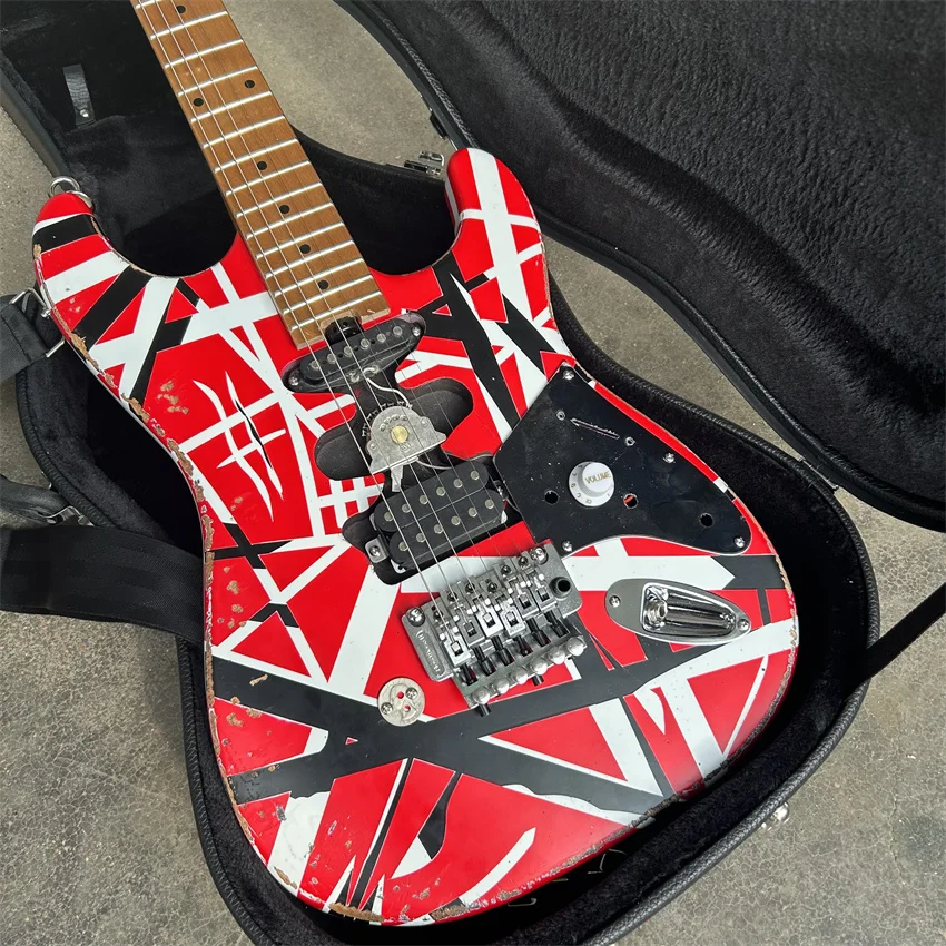 

IN stock Eddie Van Halen “Fran-k” Heavy Relic Electric Guitar/Red Body/Decorated With Black And White Stripes/Free Shipping