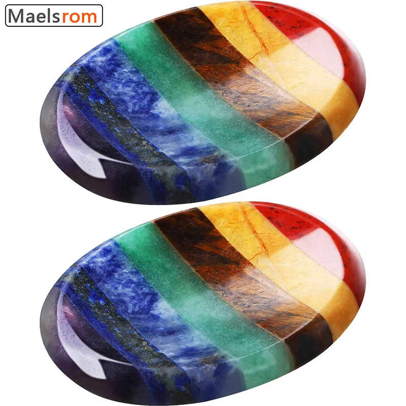 2 Pcs 7 Chakra Thumb Worry Stone Anxiety Crystals Natural Pocket Palm Meditation Stone For Massage Or Scraping On Face And Back reiki healing crystal polished puff heart stone palm worry stone pocket stones for relaxation meditation balancing